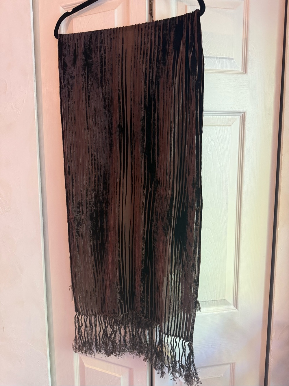 Vintage | Silk Rayon | Devoré Velvet | Fringe Scarf | Chocolate Brown